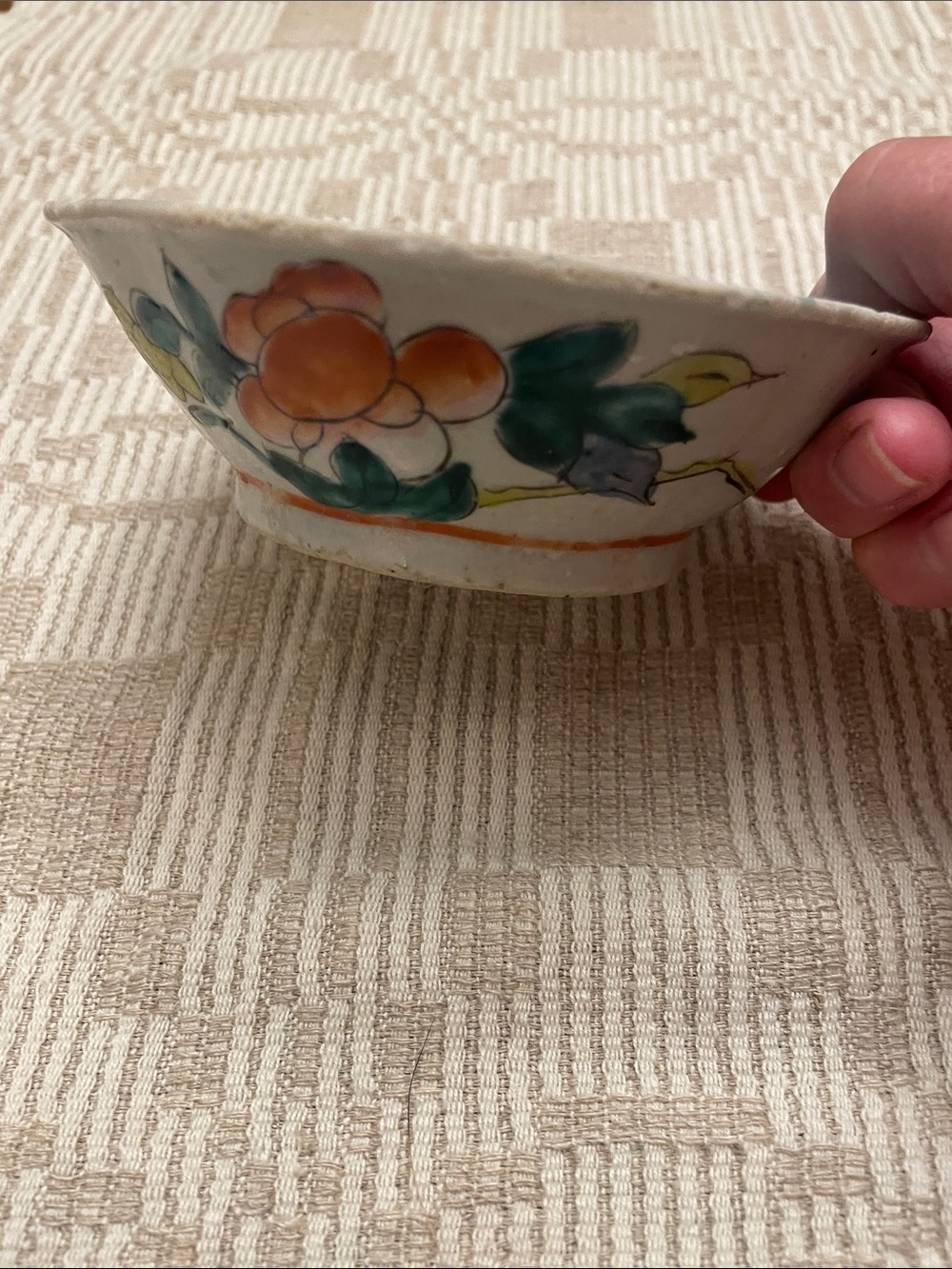 AntiqueHand-Painted Chinese Ceramic Decorative Bowl in Orange and Green